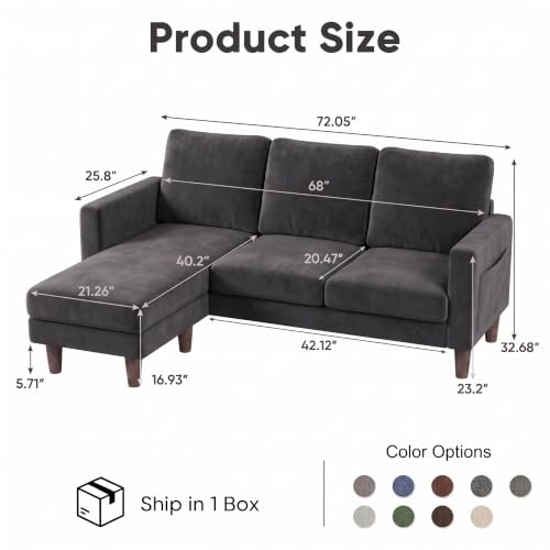 72" L Shaped Sofa Couches for Small Spaces, Apartment Charcoal Gray, view 3