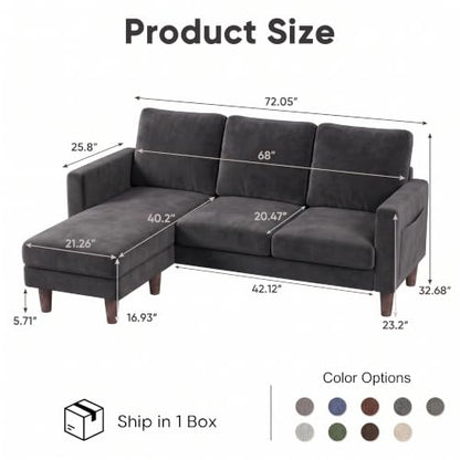 72" L Shaped Sofa Couches for Small Spaces, Apartment Charcoal Gray, view 3