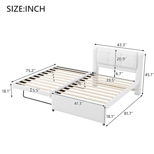 JIVOIT Twin Size Upholstery Platform Bed, Pull-Out Trundle, Upholstery Headboard (Beige-90-Twin)