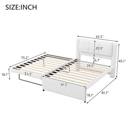 JIVOIT Twin Size Upholstery Platform Bed, Pull-Out Trundle, Upholstery Headboard (Beige-90-Twin)