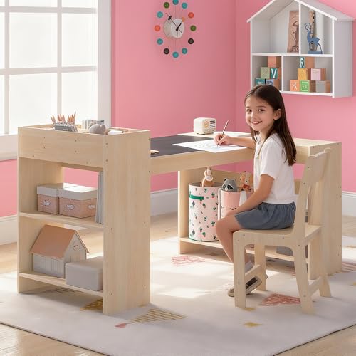 Kids Art Table and 1 Chairs Set, Kids Craft Table with Storage, view 3