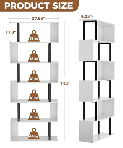 6 Tier Geometric Bookcase,S Shaped Bookshelf, Wood Decorative Storage Shelving, Modern Freestanding Display Shelves, Tall Book Shelf Unit for Living Room Bedroom, White