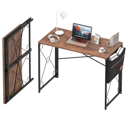 39 Inch Folding Desk Simple Assembly Desk, Writing Computer Desk for Home Office Study Office Desk Foldable Table for Small Spaces, Brown