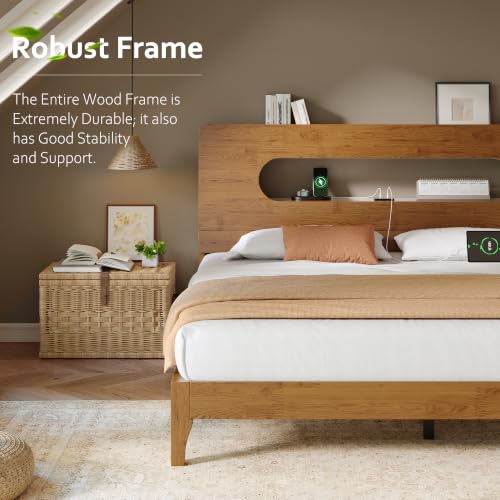 Queen Size Solid Wood Bed Frame with Storage Headboard,Brown, view 4