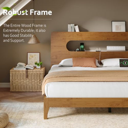 Queen Size Solid Wood Bed Frame with Storage Headboard,Brown, view 4