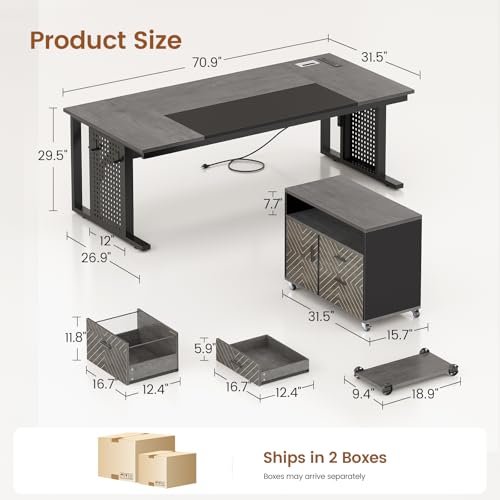 71" Executive Desk with Rolling File Cabinet, Large Office Desk with Drawers, view 3