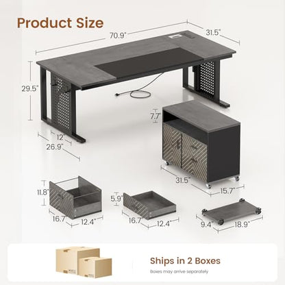71" Executive Desk with Rolling File Cabinet, Large Office Desk with Drawers, view 3