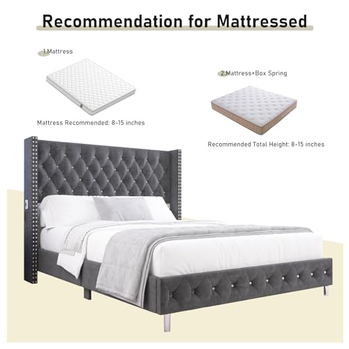 Queen LED Upholstered Bed Frame with Wingback Headboard, view 6