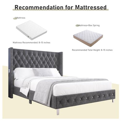Queen LED Upholstered Bed Frame with Wingback Headboard, view 6