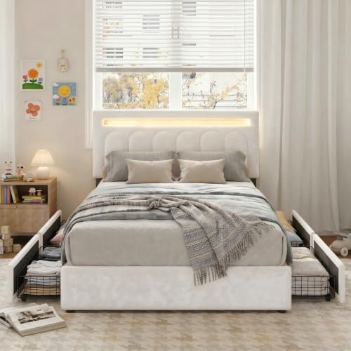 Beige Velvet Bed Frame with Storage and LED Lights, view 2
