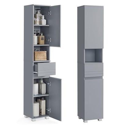 VASAGLE Tall Storage Cabinet, Slim Freestanding Storage Cabinet with a Drawer, Adjustable Shelves, Open Compartment, for Small Spaces, Bathroom, Mystic Gray UBBC560P36