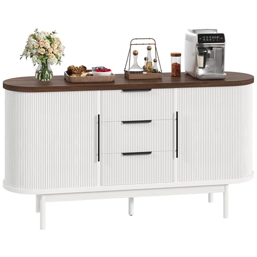 Fluted Sideboard Buffet Cabinet with Storage, White & Brown, view 2