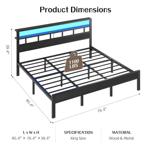 King Size Bed Frame with Charging Station and LED, view 3