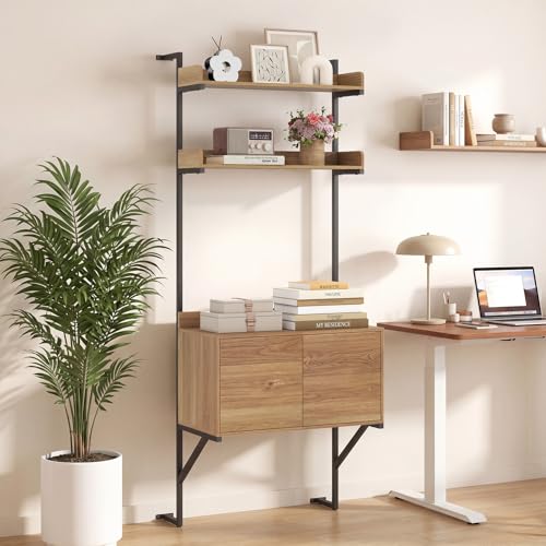 71.5" Tall Bookshelf with Storage Cabinet, Narrow Wall Mounted Ladder Bookcase with Metal Frame, Versatile Display Rack Shelf for Living Room, Home Office, Natural Oak