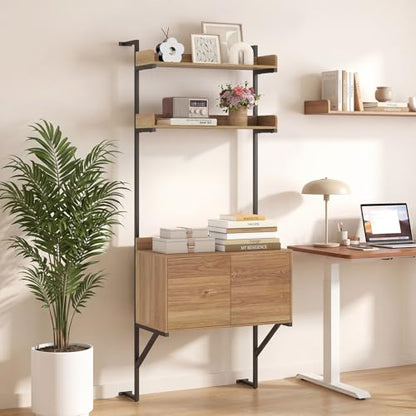 71.5" Tall Bookshelf with Storage Cabinet, Narrow Wall Mounted Ladder Bookcase with Metal Frame, Versatile Display Rack Shelf for Living Room, Home Office, Natural Oak