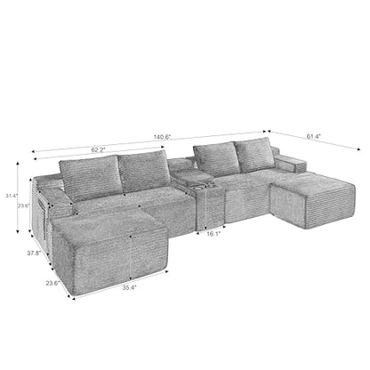 141" Oversized U Shaped Cloud Sectional Couches with Storage Console for Living Room, Corduroy Compressed Boneless Couch, Symmetrical Sofa & Couch with Movable Ottomans, Cup Holder