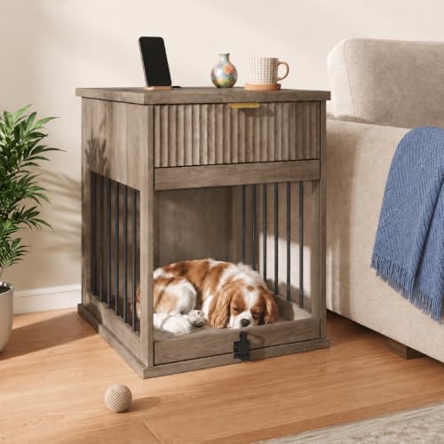 Wooden Dog Crate Furniture End Table with Drawer for Small Dogs (Grey), view 2
