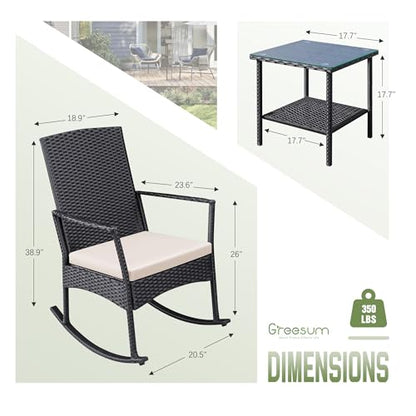 3 Pieces Patio Furniture Set Outdoor Wicker Rocking Chairs with Glass Coffee Table for Garden Backyard Porch Poolside, Beige