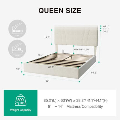 Queen Lift Up Storage Bed Frame/Charging Station/LED Light, White, view 3