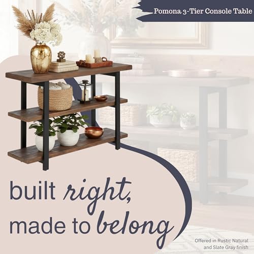 Pomona 3-Tier Solid Wood Media Console Table with 2 Open Shelves and Metal Legs - Rustic Industrial Farmhouse TV Stand and Storage Console (Rustic Brown)