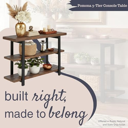 Pomona 3-Tier Solid Wood Media Console Table with 2 Open Shelves and Metal Legs - Rustic Industrial Farmhouse TV Stand and Storage Console (Rustic Brown)
