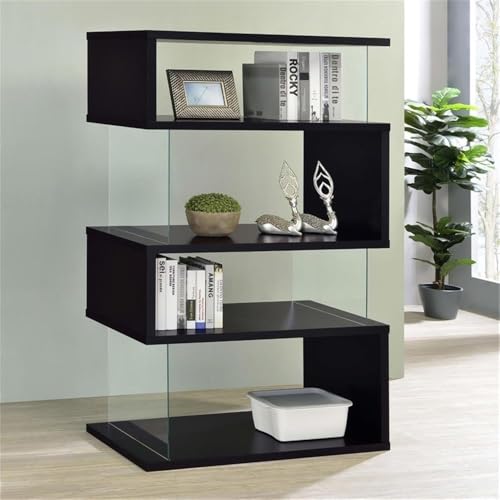 4-Shelf Contemporary Wood Bookcase, Black Finish, Glass Side Panels, Zigzag Design, 63 in H x 35.5 in W x 15.5 in D, Modern Storage for Home Office or Living Room