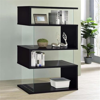 4-Shelf Contemporary Wood Bookcase, Black Finish, Glass Side Panels, Zigzag Design, 63 in H x 35.5 in W x 15.5 in D, Modern Storage for Home Office or Living Room
