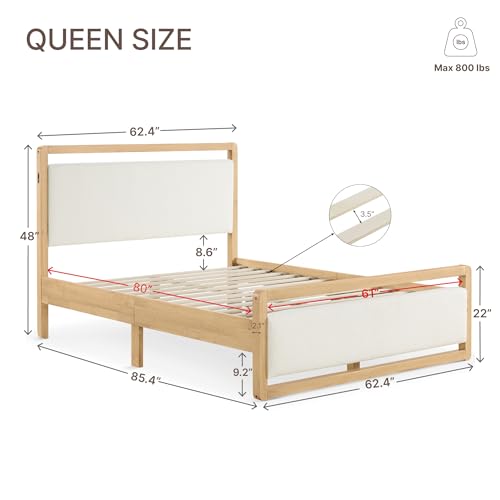 Queen Wood Platform Bed Frame with Boucle Upholstered Headboard, view 3