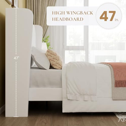 Queen Velvet Upholstered Bed Frame, Wingback Headboard, White, view 6