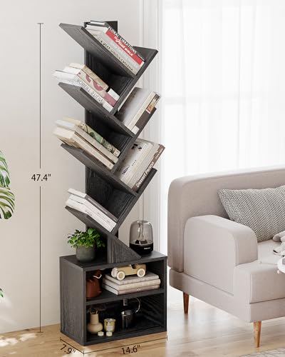 6 Tier Tree Bookshelf, Small Bookcase with Storage Cabinet, Modern Narrow Bookshelves Organizer, Floor Standing Book Shelf for Bedroom/Living Room/Home Office/Corner, Black