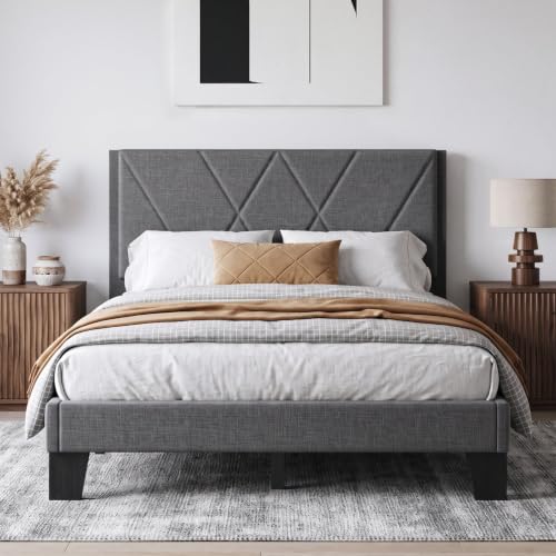 Full Platform Bed Frame with Upholstered Headboard, Gray, view 2