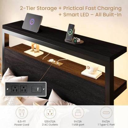 Twin Bed Frame, 2-Tier Storage Headboard, LED, Charging Station, view 5