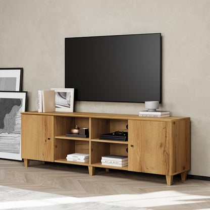 TV Stand for 75+ Inch TV, 70 inch Mid-Century Modern Wood Entertainment Center with Door, Wide Media Console Table with Adjustable Storage Shelves for Living Room, Bedroom, Oak Brown