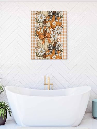 NuYeBiofx Thanksgiving Autumn Pumpkins Canvas Wall Art Prints,48"x32" Framed Picture Artwork Farm Daisy Floral Art Printed Canvas Oil Painting for Living Room Bedroom Office,Ready to Hang