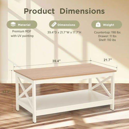 Farmhouse Coffee Table for Living Room, White, view 4