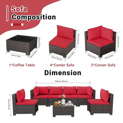 7-Piece Outdoor Patio Furniture Sets, Manual Weaving Rattan Conversation Sectional Sofa with Tempered Glass Coffee Table, All-Weather PE Wicker & Thick Cushions for Garden, Backyard, Porch
