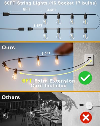 60FT LED Outdoor String Lights with 16+1 Edison Shatterproof IP65 Waterproof, view 6