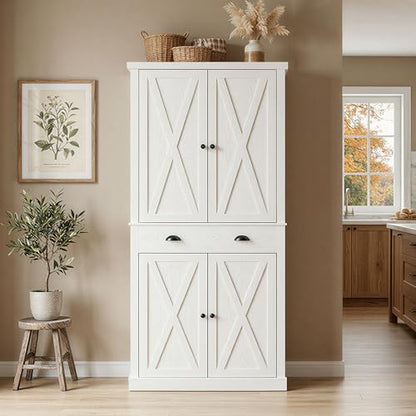 72.6" Tall Farmhouse Kitchen Pantry with Drawer and Adjustable Shelves, Freestanding Storage Cabinet with X-Design Doors, Large Floor Cupboard for Kitchen, Dining Room, White