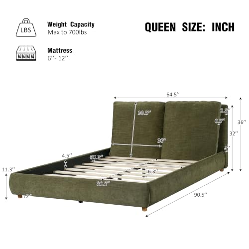 Queen Linen Blend Platform Bed with 2 Headboard Pillows, Olive Green, view 3