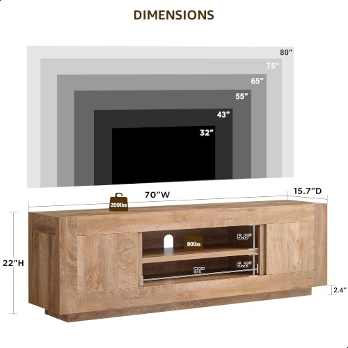 70" Modern TV Stand for 80" TV, Thick Block TV Console,Light Knotty Oak, view 3