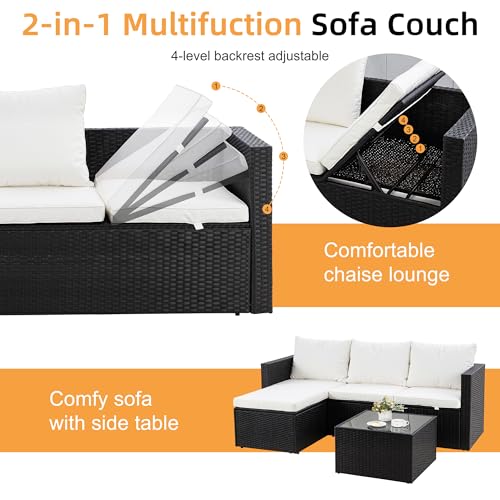 4 Pieces Patio Furniture Set, 2-in-1 Convertible Sectional Sofa & Chaise Lounge, All-Weather Wicker Rattan Sofa Couch with Cushions & Coffee Table for Yard, Garden, Porch, Poolside (Beige)