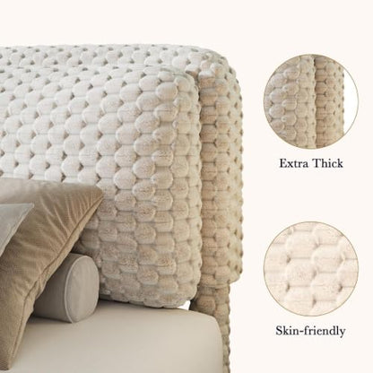 Queen Bed Frame, Upholstered Bed Frame with Headboard, Cream, view 4