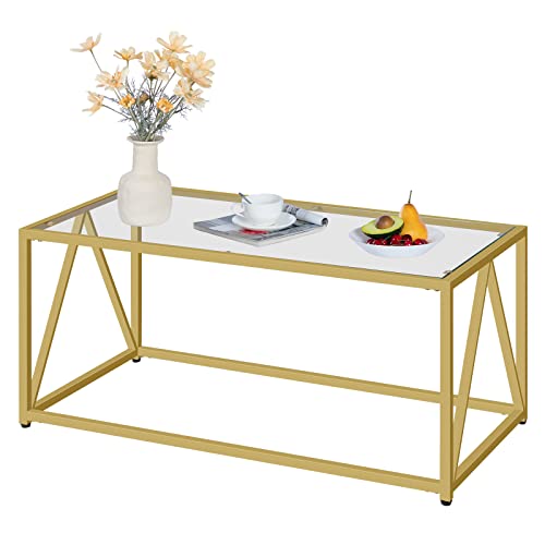 Glass Coffee Table, Gold Coffee Tables for Living Room, Gold Glass Coffee Table,1 Layer Center Table, Modern, for Apartment, Office, 39.4 x 19.7 x 17.7 Inches, Easy Assembly, Golden GD04KF01