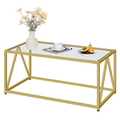 Glass Coffee Table, Gold Coffee Tables for Living Room, Gold Glass Coffee Table,1 Layer Center Table, Modern, for Apartment, Office, 39.4 x 19.7 x 17.7 Inches, Easy Assembly, Golden GD04KF01