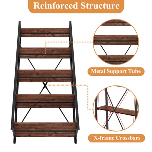 Ladder Shelf Bookcase, 5-Tier Industrial Ladder Bookshelf, Tall Living Room Shelves, Wood and Metal Leaning Shelf for Home Office, Kitchen, Bedroom, Balcony (Rustic Oak)
