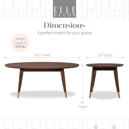 Clemintine Oval Coffee Table, Mid-Century Modern Wood Cocktail Table with Walnut Brown Finish and Brass-Capped Legs for Living Room