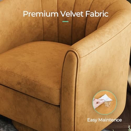 Swivel Accent Chair Ottoman Set: Velvet Small Barrel Chair with Foot Rest, Modern Reading Chair Upholstered Armchair with Footrest for Living Room Bedroom Study Room Office (Yellow)