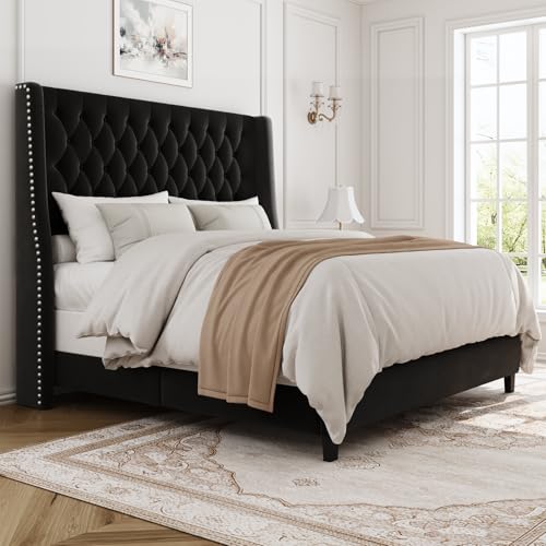 Queen Upholstered Bed Frame, 55.4'' Tall Headboard with Wingback, view 2