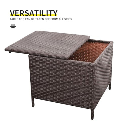 Outdoor Wicker Storage Side Table, Patio Brown PE Rattan End Table with Storage, Square Container for Furniture Covers, Toys, and Gardening Tools