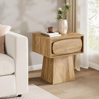 Tribesigns End Table with Storage Drawer, Modern Wooden Side Table with Curved Handle, Small Nightstand for Living Room, Bedroom, Small Spaces (Natural Wood Color)